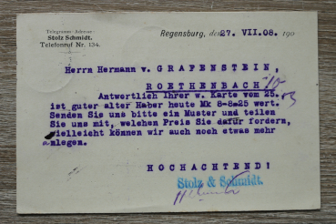 Postkarte PK Regensburg / 1908 / Geschäftspost / Stolz und Schmidt / Empfänger Freiherr von Grafenstein aus Röthenbach